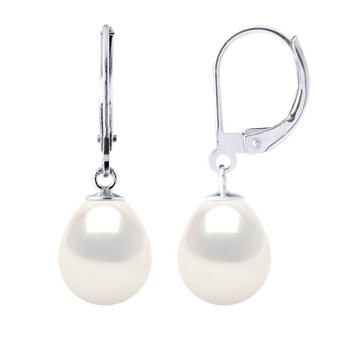 Earrings In White Gold 375 and Real Cultured Freshwater Pearls Pear 9-10 mm - Natural Pearl White - Longueur 42 cm