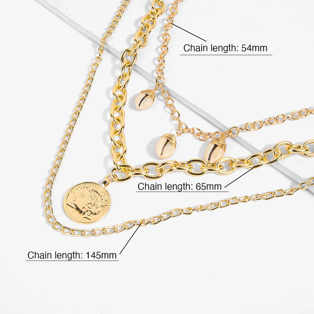 Multilayer 3 Piece Beach Inspired Seashell Charm Layering Gold Necklace