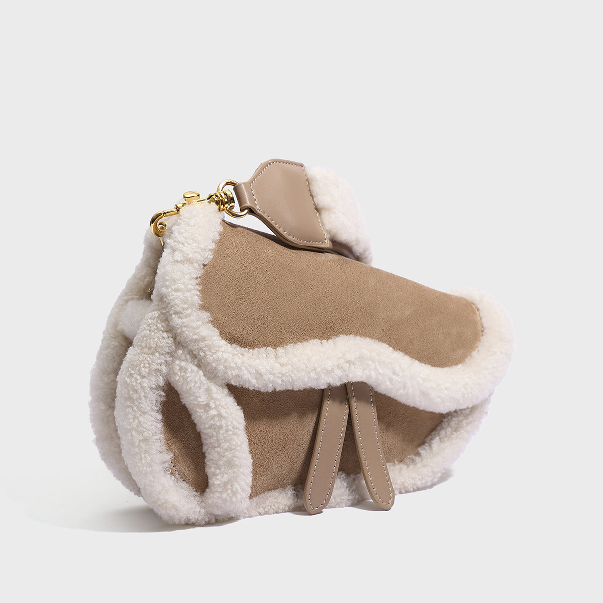 Beige Shearling Saddle Shoulder Bag - Beige