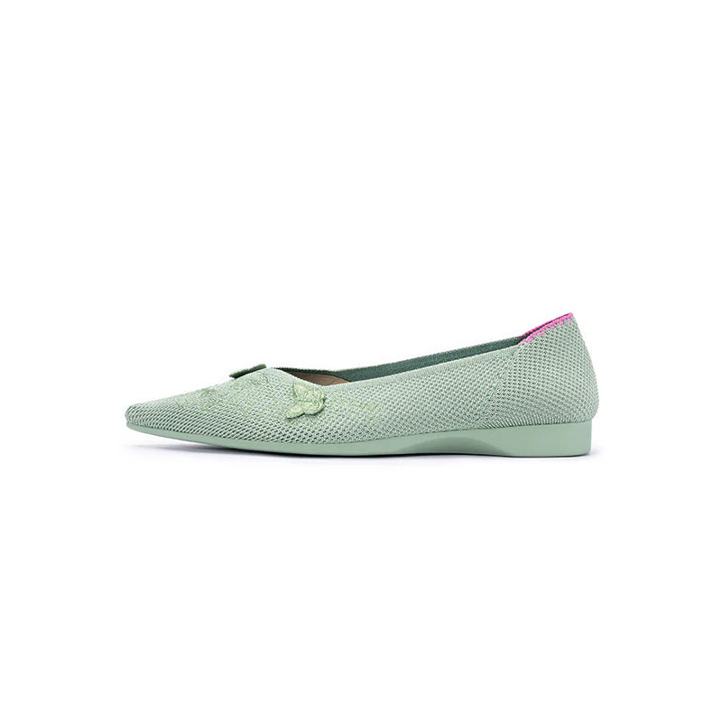 Butterfly Floral Knit Pointed Toe Ballet Flats - Mint