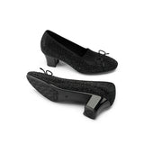 Rhinestone Bow Knit Round Toe Block Heel Pumps - Black