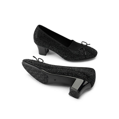 Rhinestone Bow Knit Round Toe Block Heel Pumps - Black