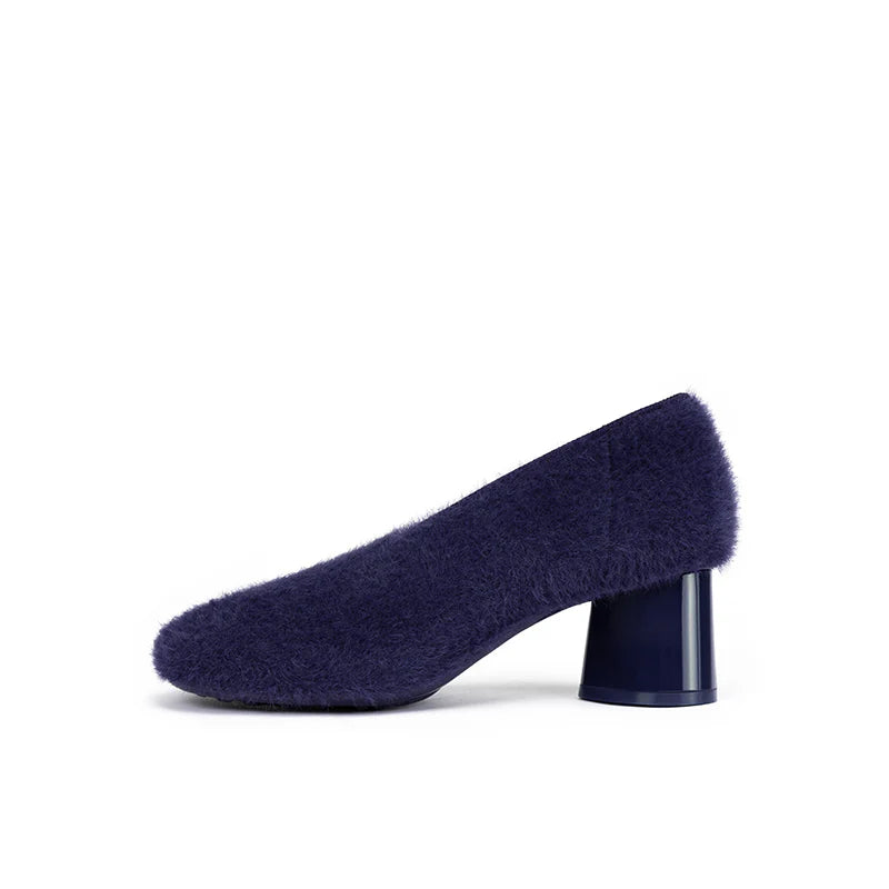 Fuzzy Round Toe Block Heel Pumps - Navy