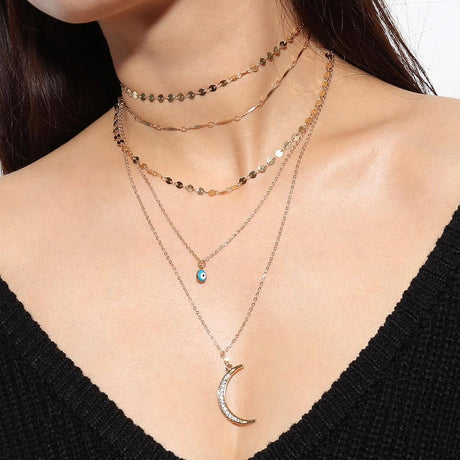 Multilayer 5 Piece Stunning Blue Eye and Moon Layering Gold Necklace