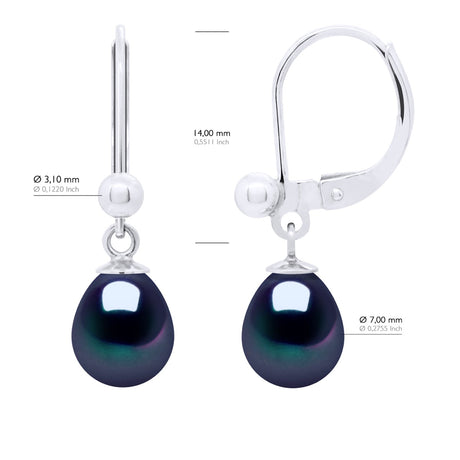 Earrings of Silver 925 and Real Cultured Freshwater Pearls Pear 7-8 mm - Black "Tahitian Style" - Longueur 18 cm
