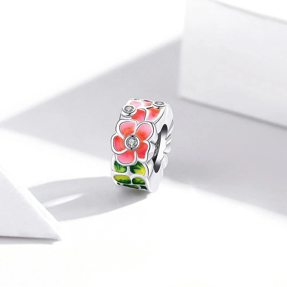 Solid 925 Sterling Silver Red Floral Pandora Inspired Charm
