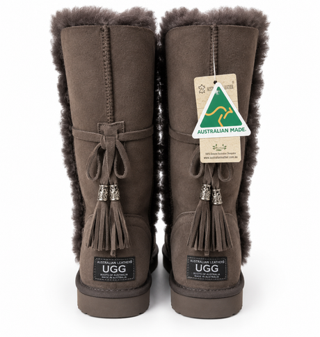 Australian Leather Ugg Long Boho Tassel Tie Sheep Skin - Chocolate - AU4