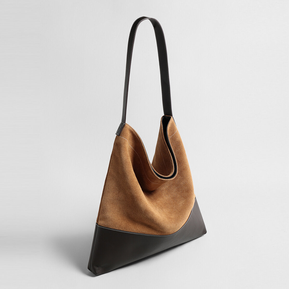 Suede & Leather Two-Tone Hobo Bag - Brown