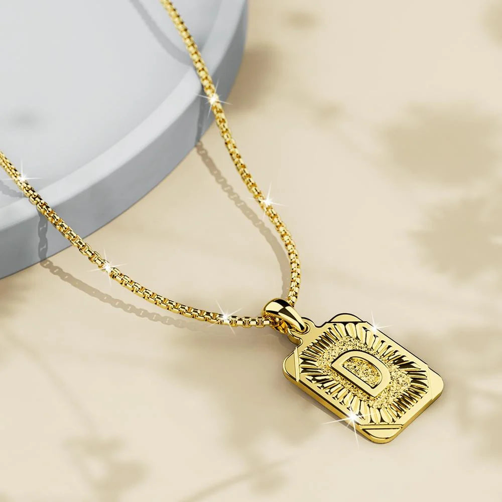 Bullion Gold Vintage Inspired Initial Medal Gold Bar Pendant Round Box Chain Necklace
