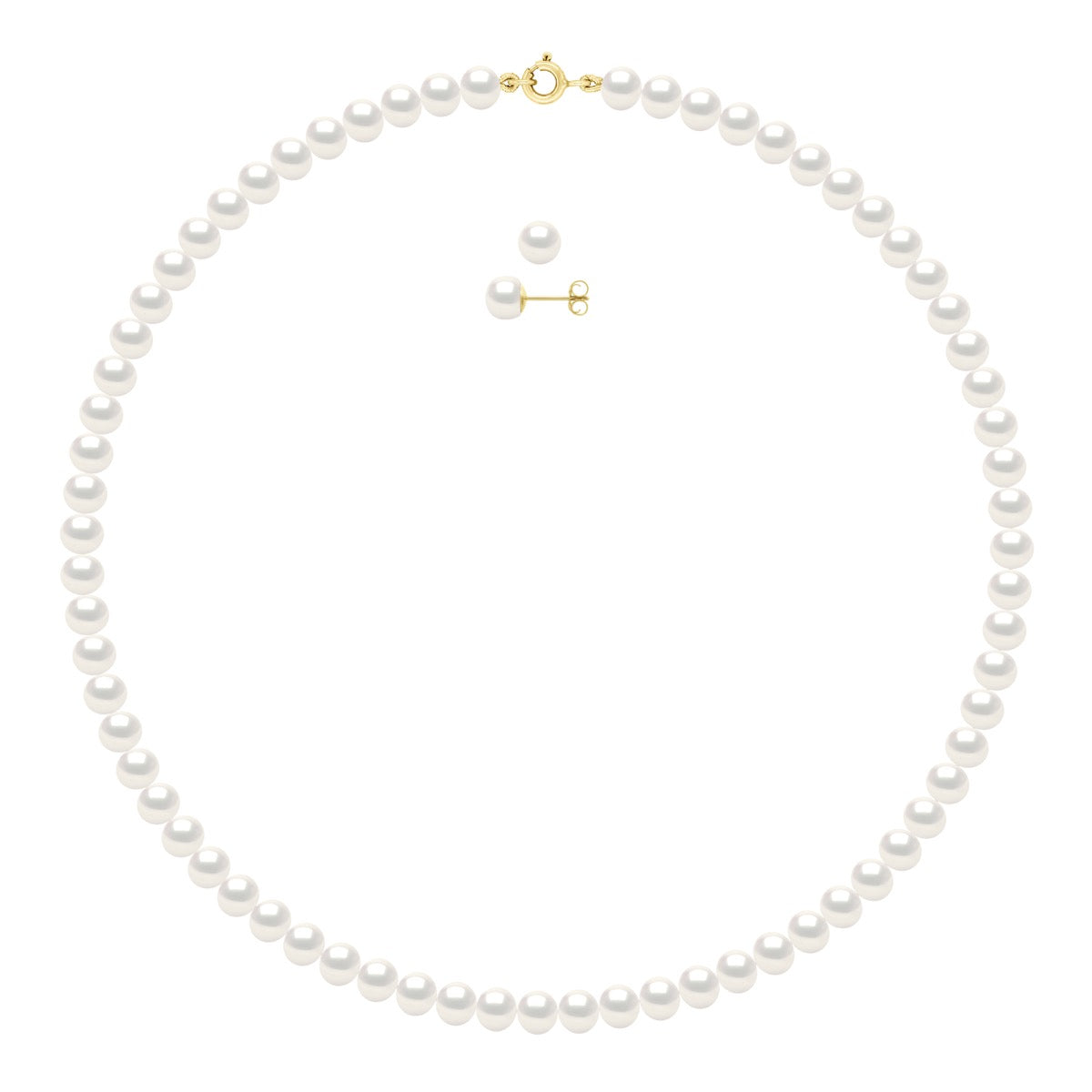 Set Being Composed of : Necklace of Real Cultured Freshwater Pearls Semi Round 6-7 mm with Spring Ring Clasp Ergonomic - Natural Pearl White - Longueur 18 cm