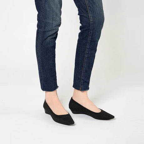 Diagonal Cut Knit Pointed Toe Wedge Flats - Black