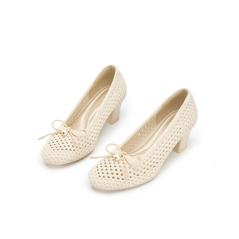 Pearl Bow Mesh Knit Round Toe Pumps - Ivory