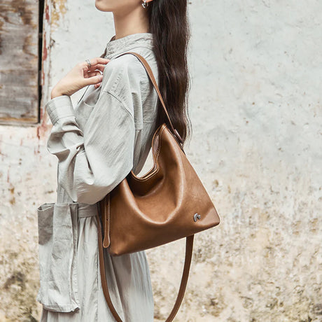 Nalandu Vintage Leather Slouchy Tote Bag - Brown