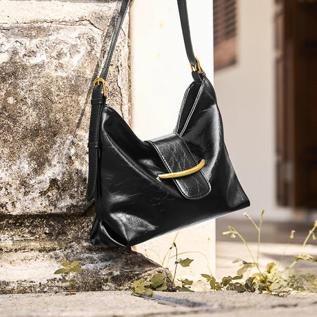 Nalandu Luxe Glossy Hobo Shoulder Bag - Black
