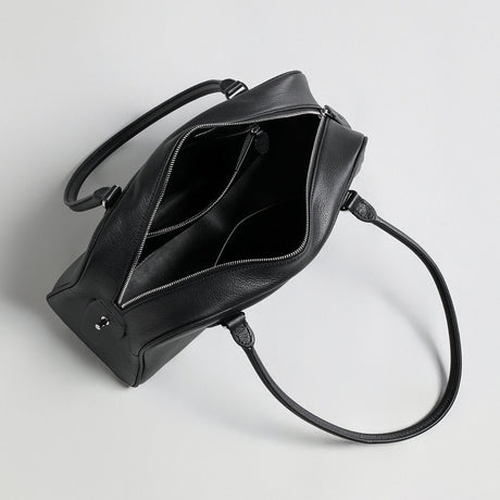 Pebbled Leather Bowling Bag with Padlock Detail - Black