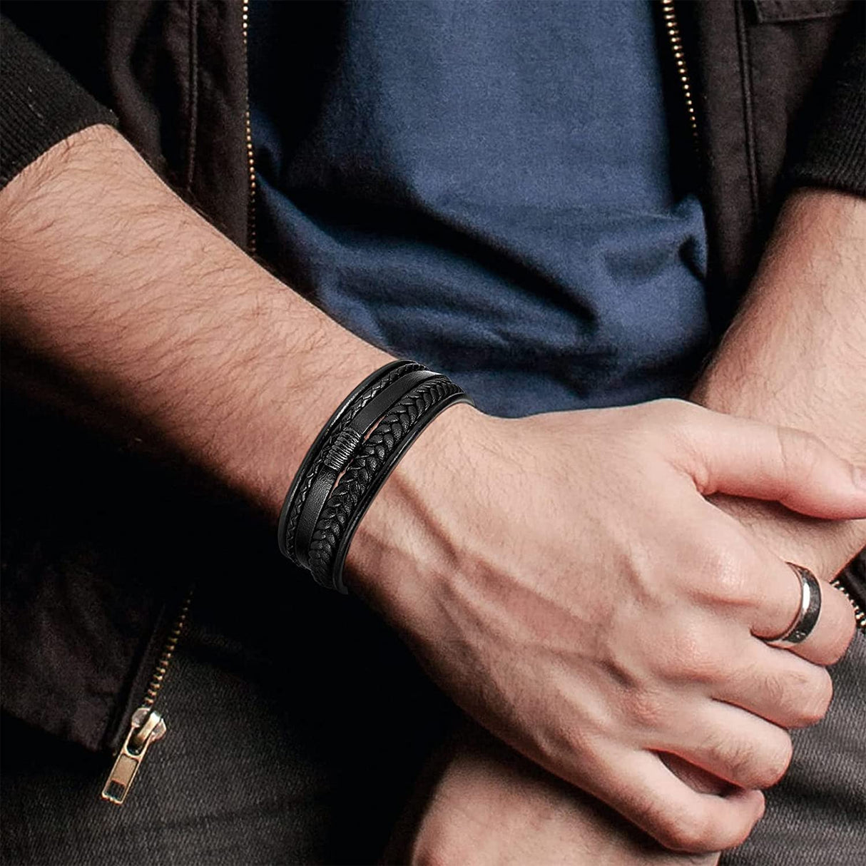 Stephen Oliver Black Leather Woven Layer Bracelet