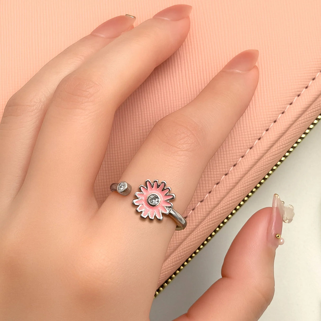 Adjustable Pink Daisy Flower with Diamonelle Ring