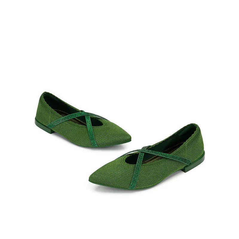Rhinestone Cross Strap Pointed Toe Knit Flats - Green