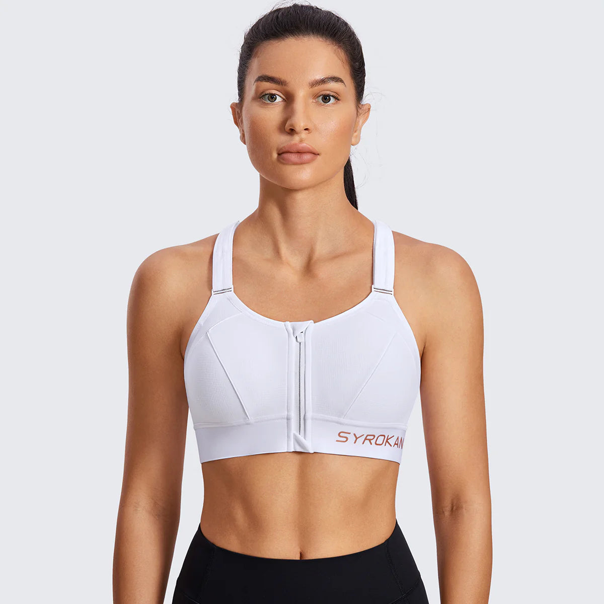 Zip Front Large Padded High Impact Sports Bra - White