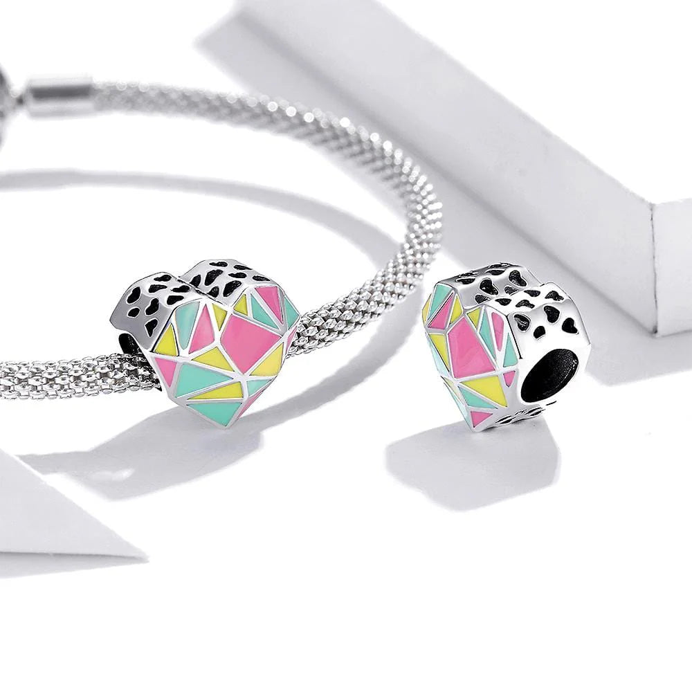 Solid 925 Sterling Silver Multicolur Heart-Shaped Geometric Pandora Inspired charm