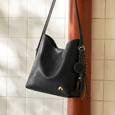 Nalandu Vintage Leather Large Capacity Tote Bag - Black