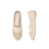 Bow Hollow Mesh Knit Round Toe Low Heel Flats - Beige