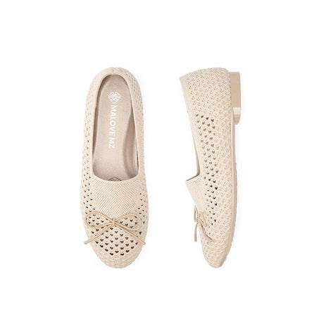 Bow Hollow Mesh Knit Round Toe Low Heel Flats - Beige