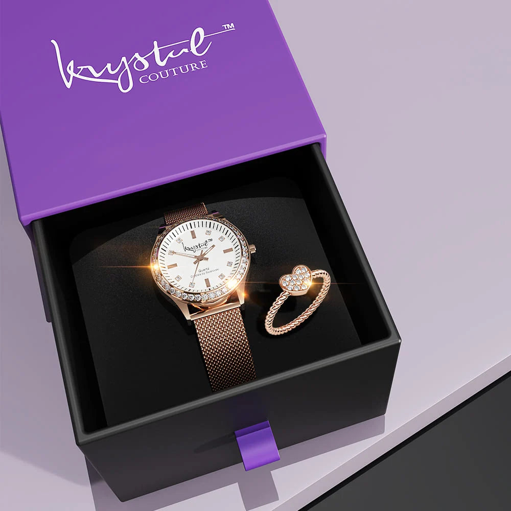Boxed Krystal Couture Sensational Lux Watch with Ring Set Embellished Crystals from SWAROVSKI® in Rose Gold