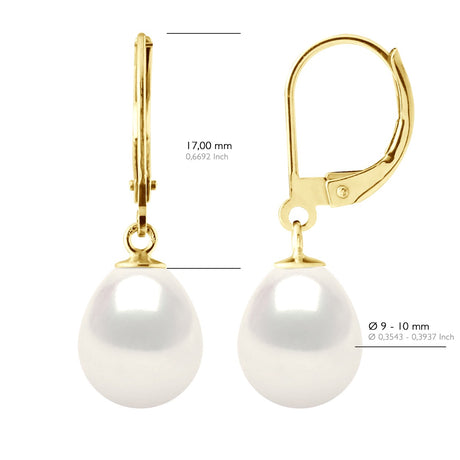 Earrings In Yellow Gold 375 and Real Cultured Freshwater Pearls Pear 9-10 mm - Natural Pearl White - Height Earrings 3 cm