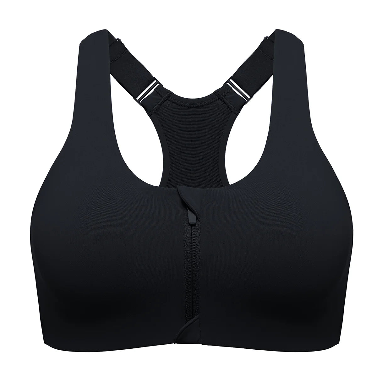 Power On Soft Padded High Impact Zip Front Sports Bra - Black