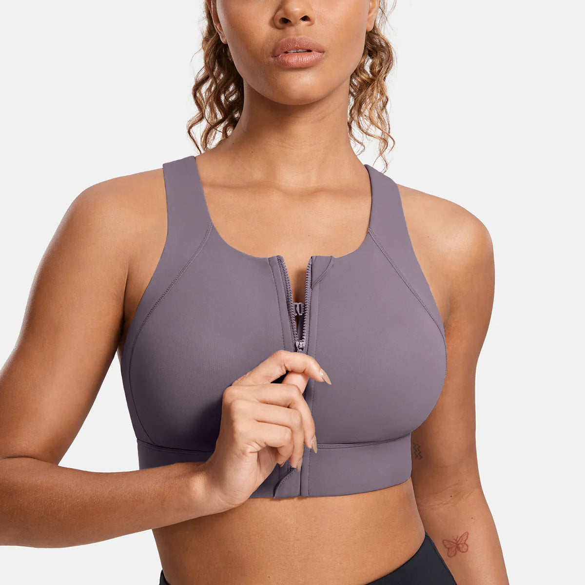 Power On Zip Front Racerback High Impact Sports Bra - Grey