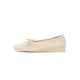 Pearl Bow Heart Mesh Knit Round Toe Wedge Flats - Ivory
