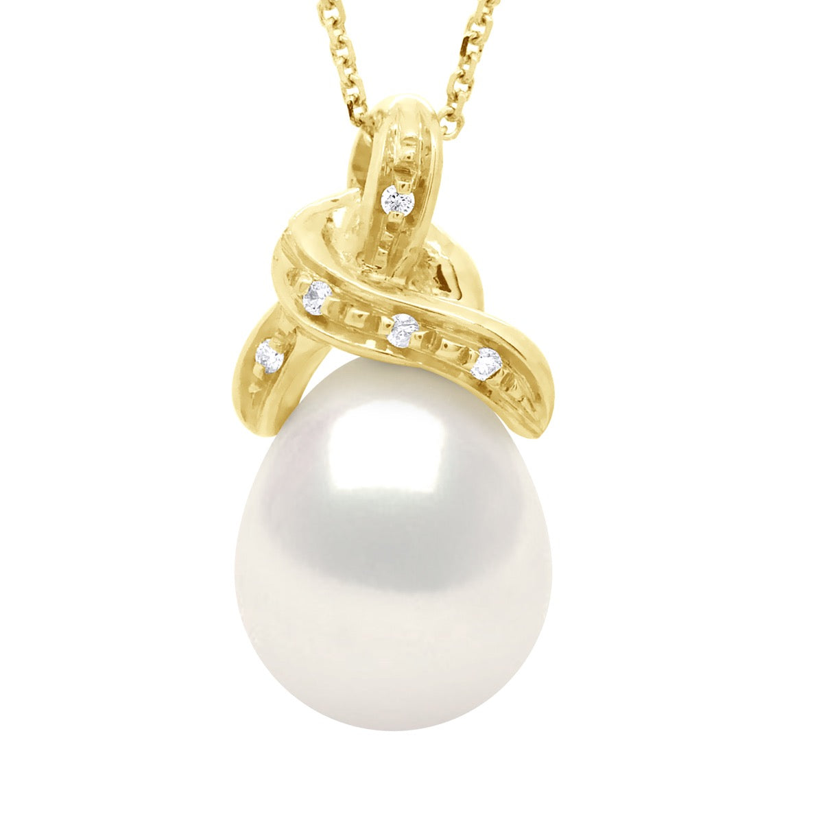 Necklace Beaded Pendant Knot Yellow Gold and Diamonds 0.04 Cts ( 4 X 0,01 Cts ) Real Freshwater Pearl Pear 9-10 mm - Length Chain 42 cm