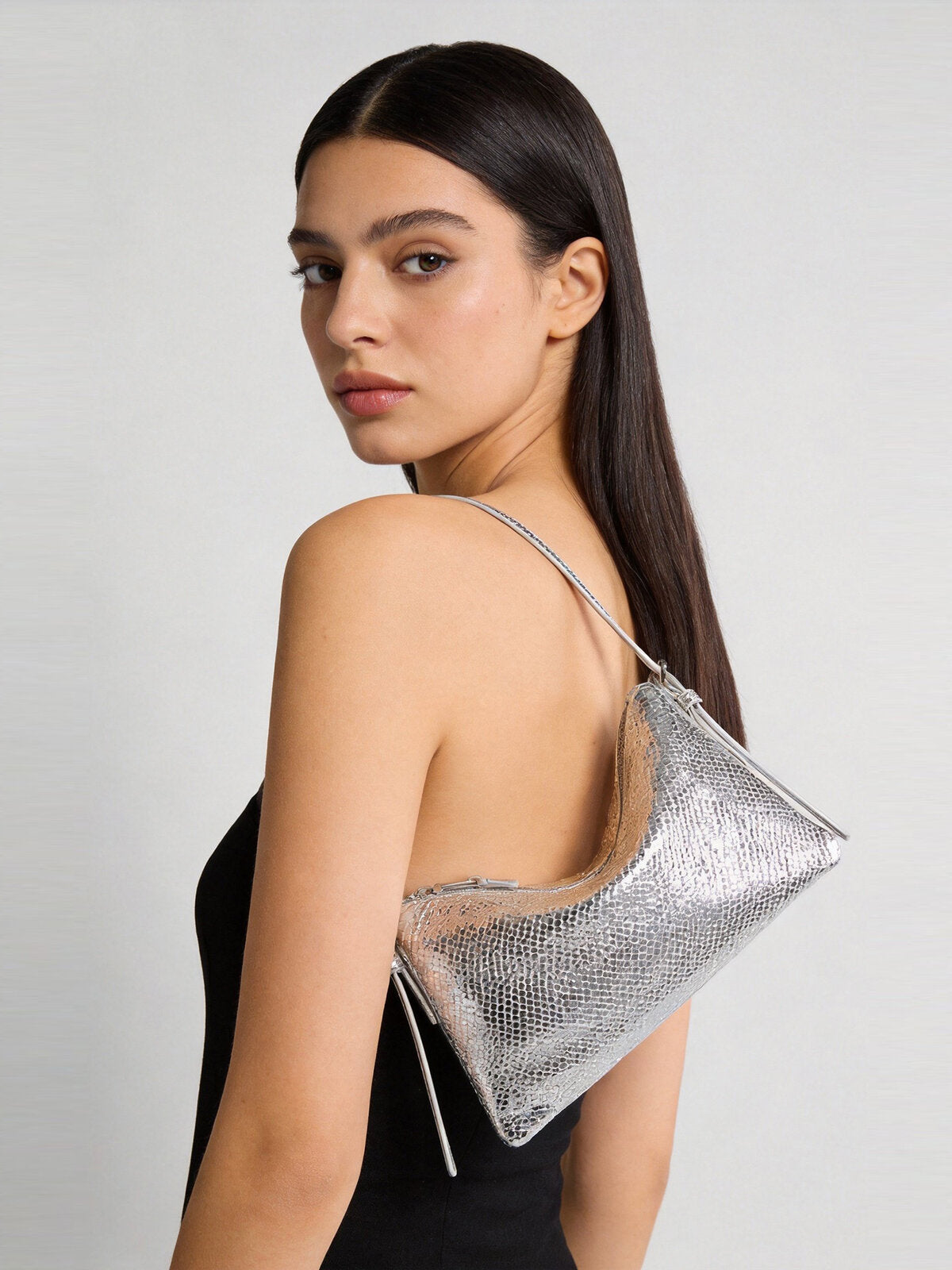 Snake-Embossed Lambskin Mini Hobo - Silver