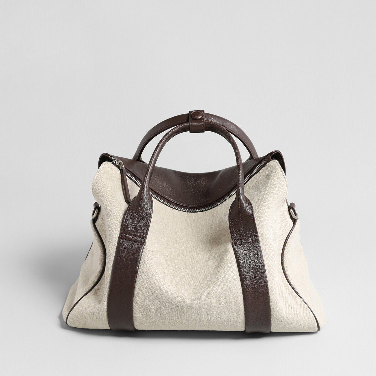 Canvas & Leather Curved-Top Satchel - Ivory
