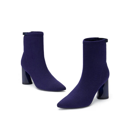 Pointed Toe Block Heel Knit Ankle Boots - Purple