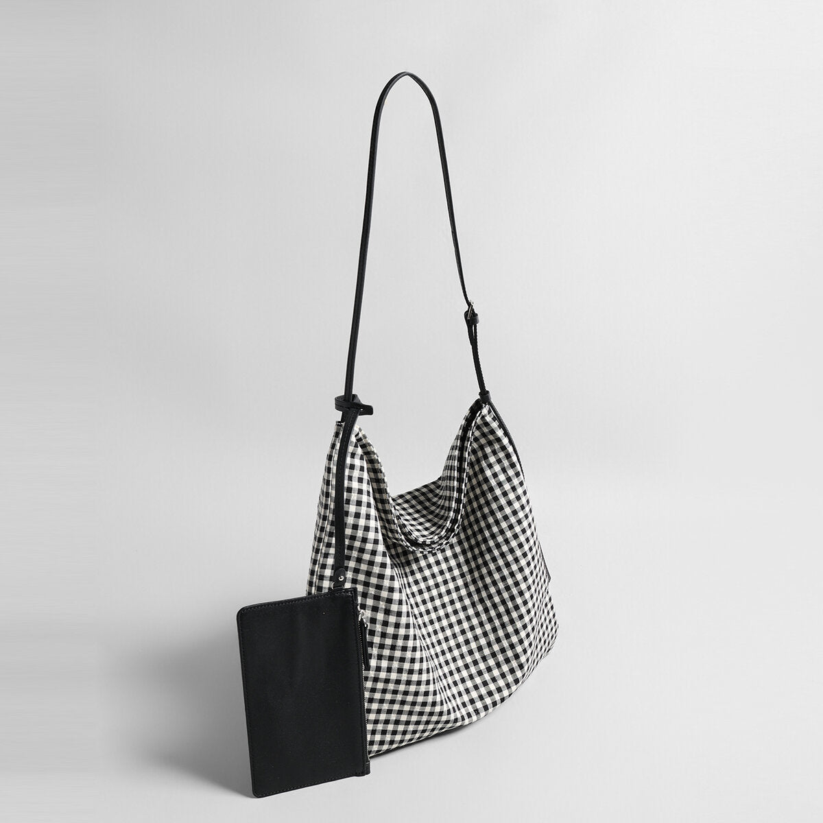 Check Print Canvas Hobo Tote Bag - Black