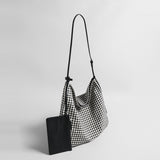 Check Print Canvas Hobo Tote Bag - Black
