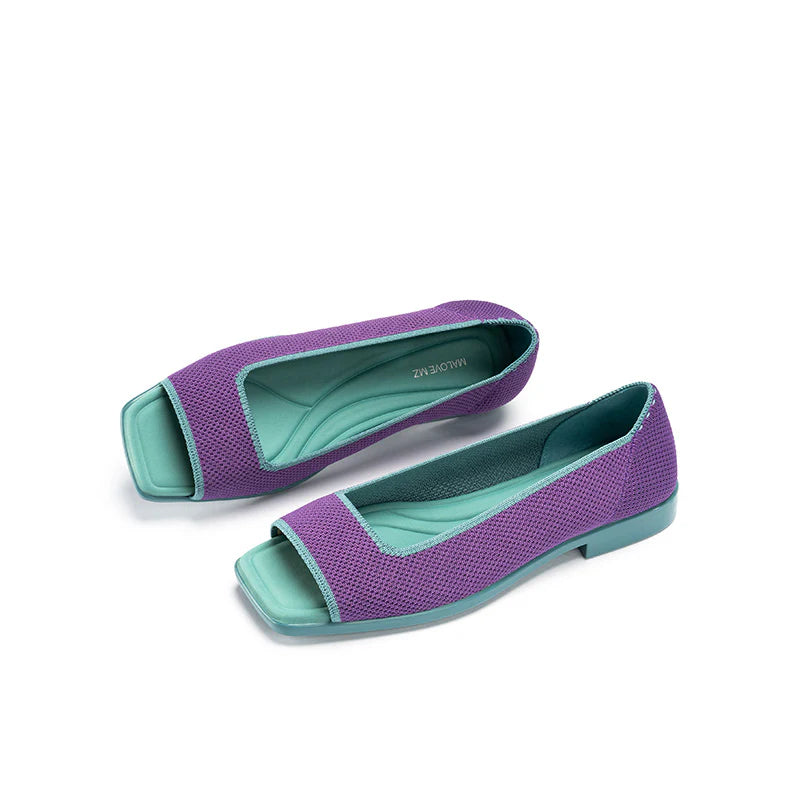 Colorblock Peep Toe Knit Flats - Purple