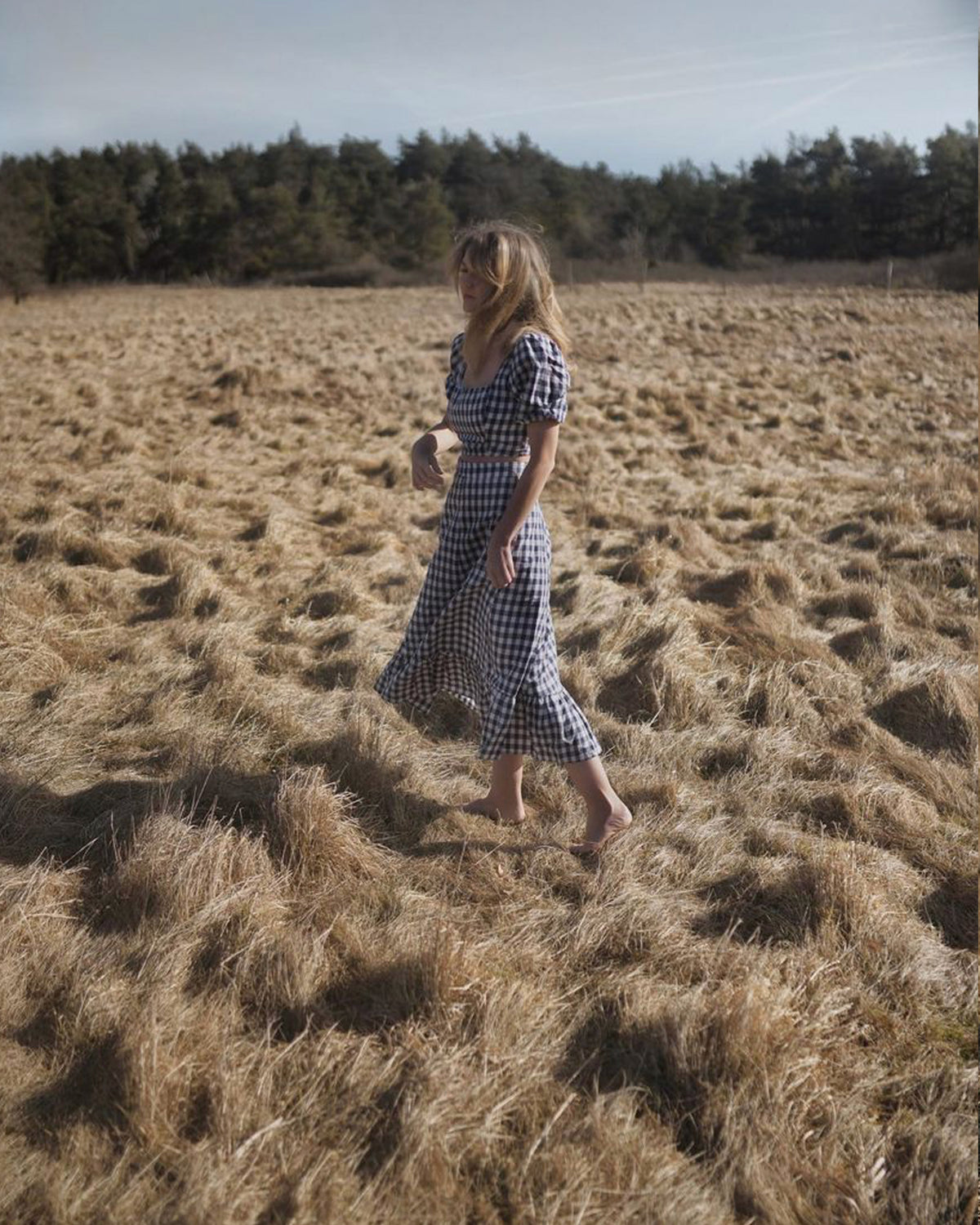 Amelius Mallee Linen Gingham Crop Top - Navy Check