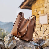 Nalandu Minimalist Genuine Leather Bucket Shoulder Bag - Coffee