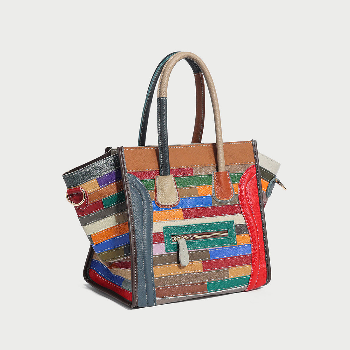 Multicolor Patchwork Leather Trapeze Tote Bag - Rainbow