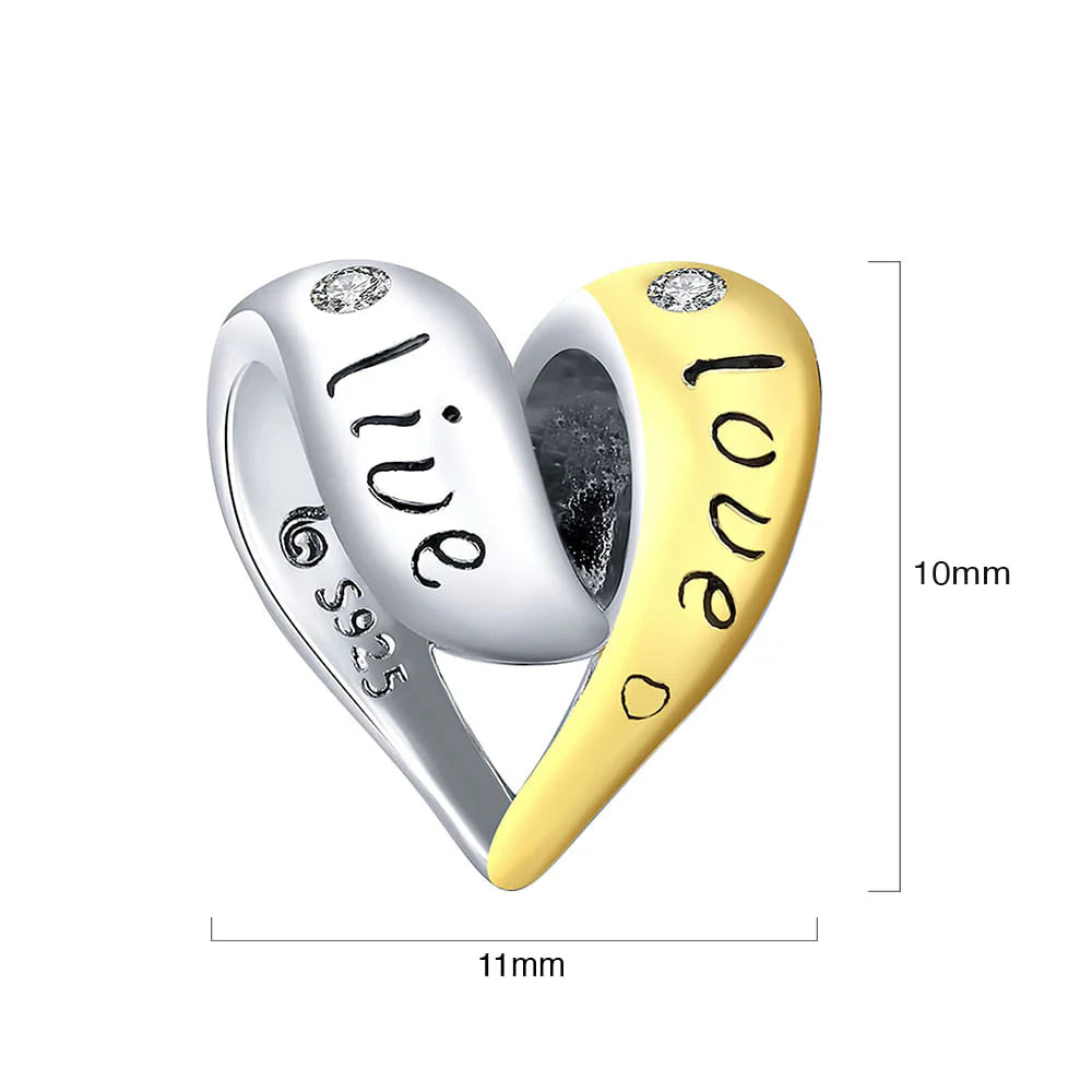 Solid 925 Sterling Silver Live Love Kiss Laugh Heart Pandora Inspired Charm