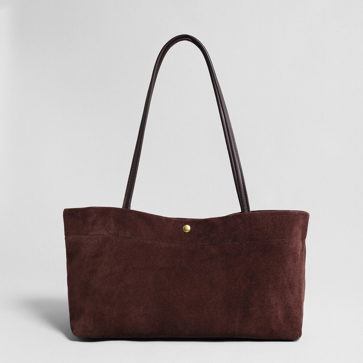 Suede Leather Wave-Top Tote Bag - Chocolate