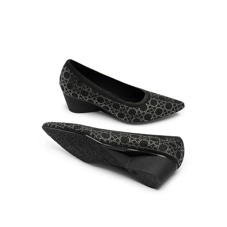 Rhinestone Check Knit Pointed Toe Wedge Pumps - Black