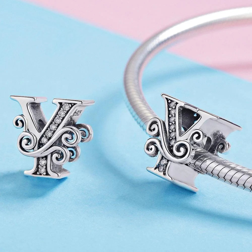 Solid 925 Sterling Silver Vintage Inspired Antique Alphabet Charm