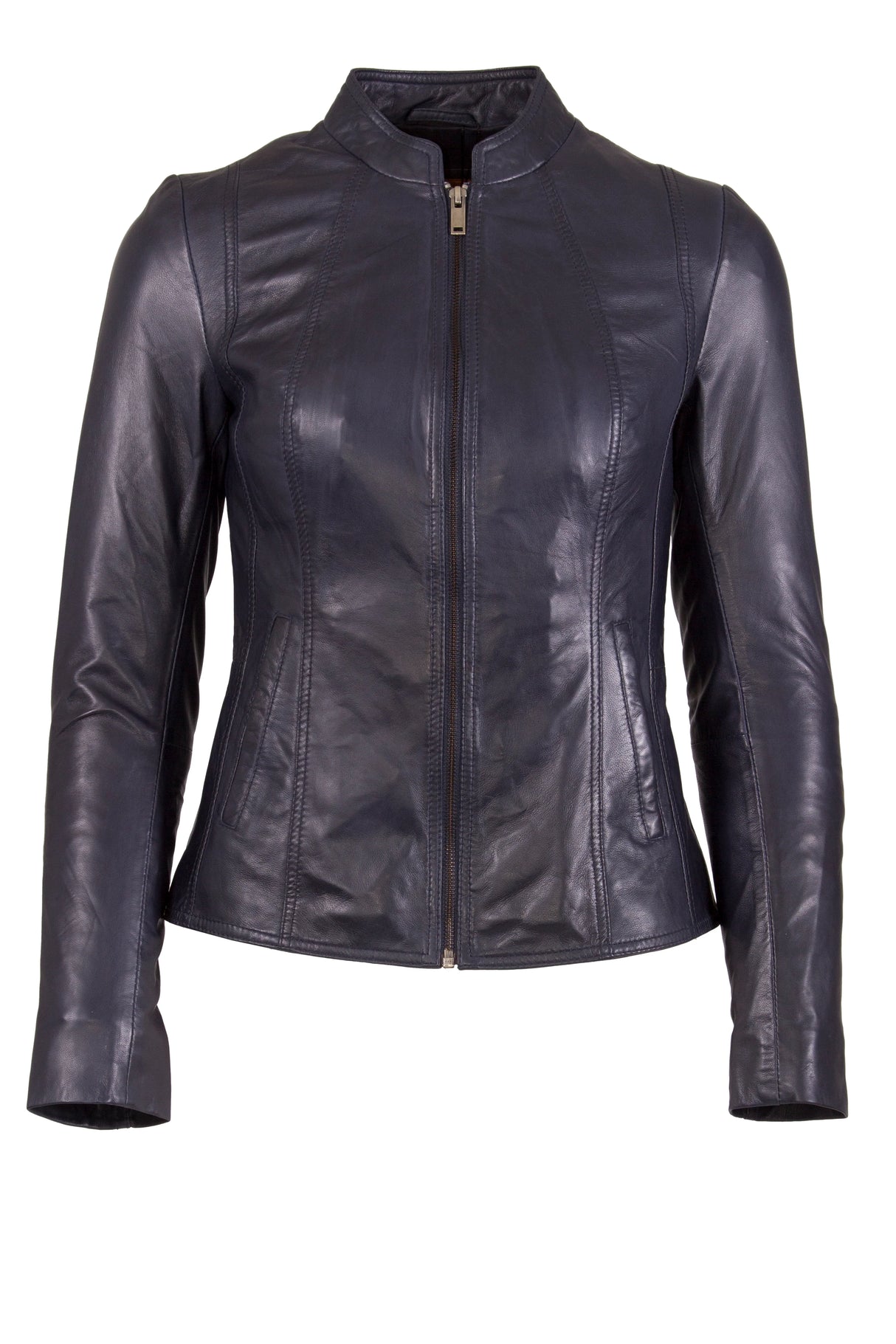 Womens Leather Stand Up Collar Jacket in Night Blue