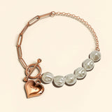 Bullion Gold Pearl Paper Clip Chain Heart Rose Gold Layered Stainless Steel Bracelet