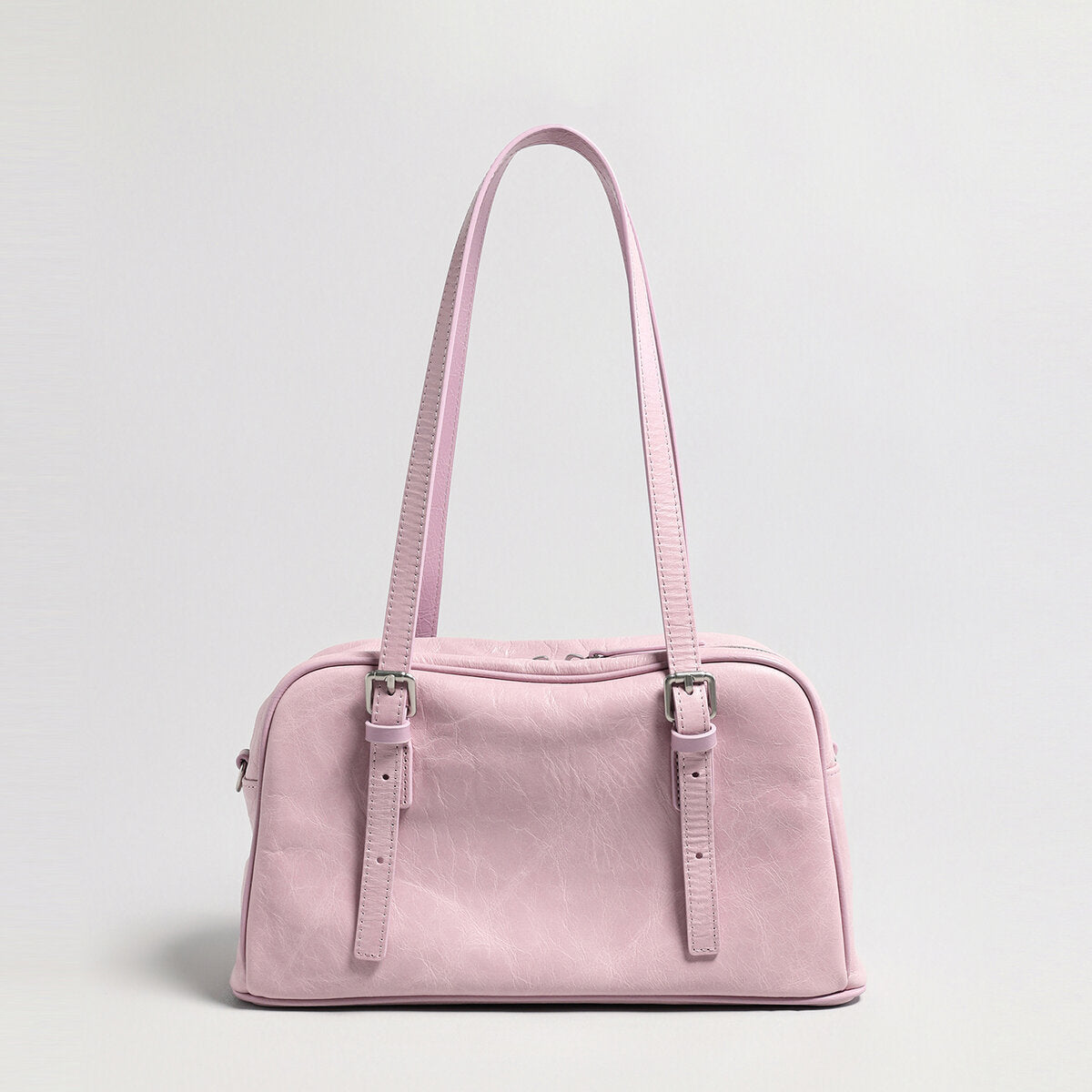 Oil-Wax Leather Boston Bowling Shoulder Bag - Pink