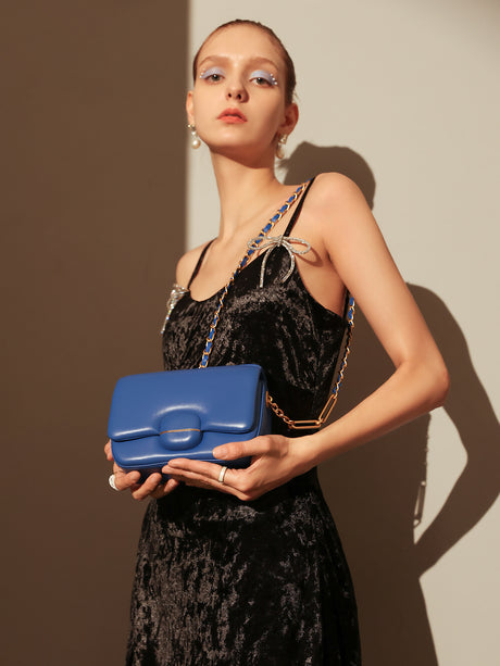 Structured Buckle Leather Shoulder Bag - Sapphire